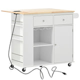 English Elm Kitchen Island With Power Outlet,Kitchen Storage Island With Drop Leaf and Rubber Wood,Open Storage and Wine Rack,5 Wheels,With Adjustable Storage For Home, Kitchen, and Dining Room,White