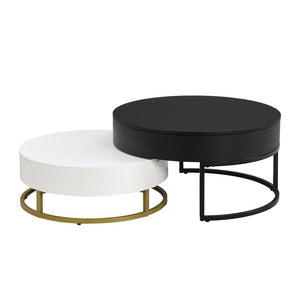 English Elm Modern Round Nesting Coffee Table Set with Lift Top Hydraulic Storage and Gold Pedestal CH307475AAB