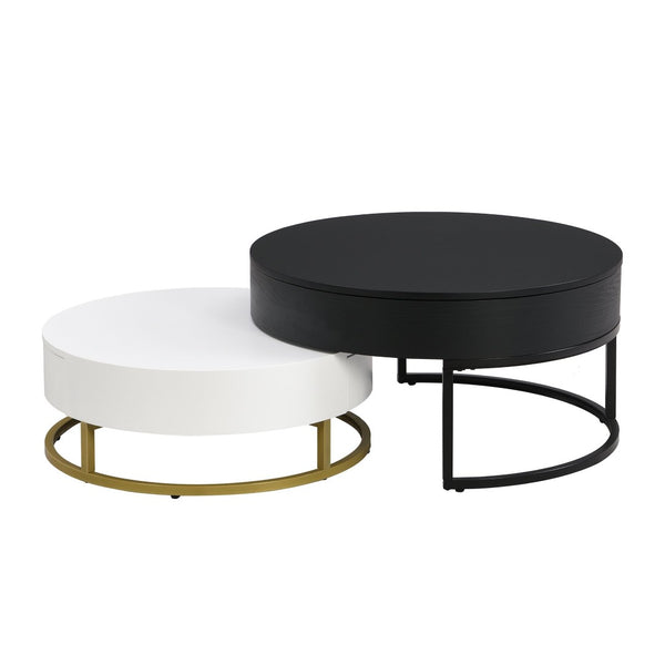 English Elm Modern Round Nesting Coffee Table Set with Lift Top Hydraulic Storage and Gold Pedestal CH307475AAB