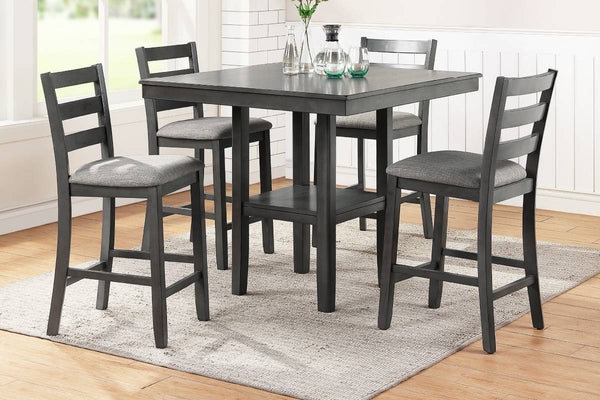 English Elm Classic Counter Height Dining Set Gray Finish 5pc Square Table with Storage Shelves & Ladder-Back Chairs B011119806