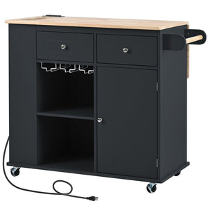 English Elm Kitchen Island Cart with Drop Leaf Power Outlet Rubberwood Top Wine Rack Rolling Black WF305556AAB