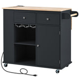 English Elm Kitchen Island With Power Outlet,Kitchen Storage Island With Drop Leaf and Rubber Wood,Open Storage and Wine Rack,5 Wheels,With Adjustable Storage For Home, Kitchen, and Dining Room, Black