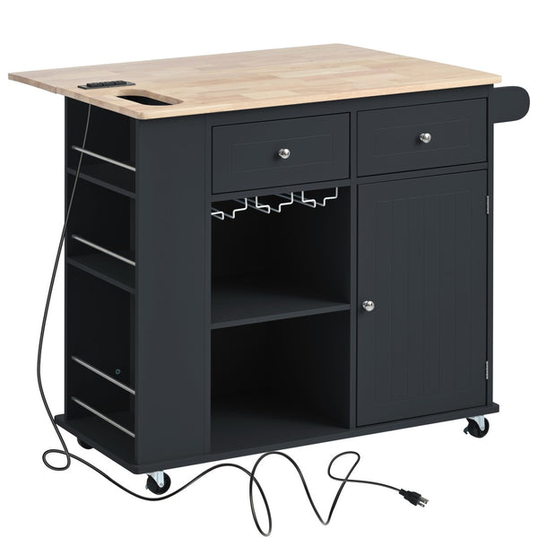 English Elm Kitchen Island Cart with Drop Leaf Power Outlet Rubberwood Top Wine Rack Rolling Black WF305556AAB