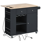 English Elm Kitchen Island With Power Outlet,Kitchen Storage Island With Drop Leaf and Rubber Wood,Open Storage and Wine Rack,5 Wheels,With Adjustable Storage For Home, Kitchen, and Dining Room, Black