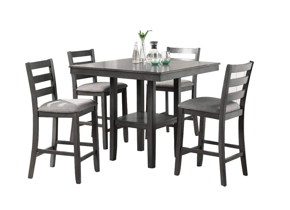 English Elm Classic Counter Height Dining Set Gray Finish 5pc Square Table with Storage Shelves & Ladder-Back Chairs B011119806