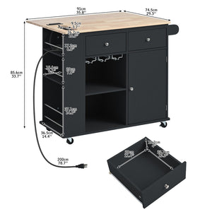 English Elm Kitchen Island Cart with Drop Leaf Power Outlet Rubberwood Top Wine Rack Rolling Black WF305556AAB
