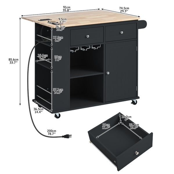English Elm Kitchen Island Cart with Drop Leaf Power Outlet Rubberwood Top Wine Rack Rolling Black WF305556AAB