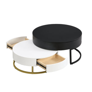 English Elm Modern Round Nesting Coffee Table Set with Lift Top Hydraulic Storage and Gold Pedestal CH307475AAB