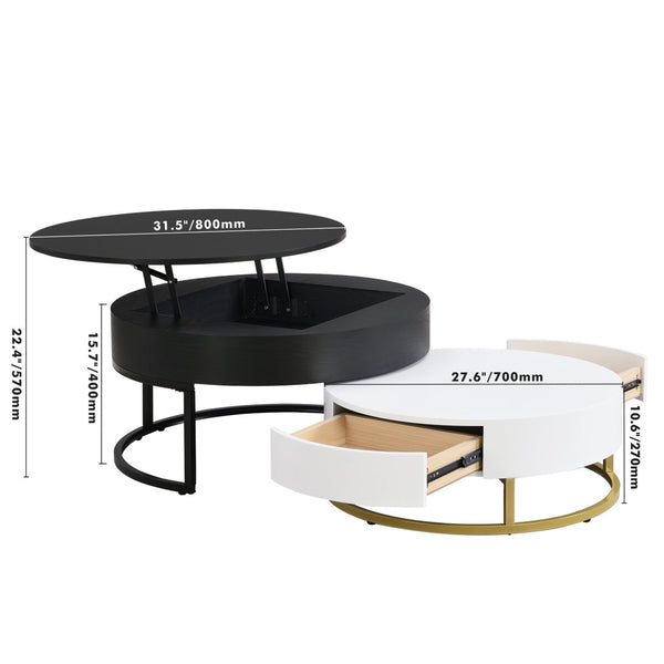 English Elm Modern Round Nesting Coffee Table Set with Lift Top Hydraulic Storage and Gold Pedestal CH307475AAB
