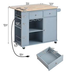 English Elm Kitchen Island Cart with Drop Leaf Power Outlet Rubberwood Top Wine Rack Rolling Blue WF305556AAG