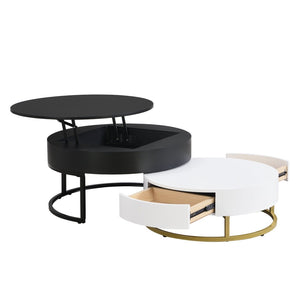 English Elm Modern Round Nesting Coffee Table Set with Lift Top Hydraulic Storage and Gold Pedestal CH307475AAB