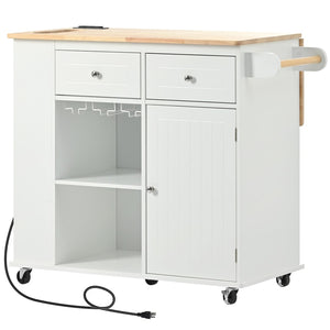 English Elm Kitchen Island Cart with Drop Leaf Power Outlet Rubberwood Top Wine Rack Rolling White WF305556AAW