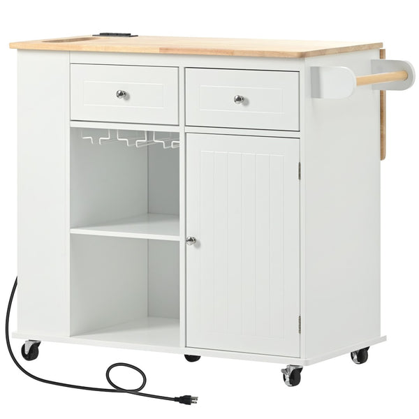 English Elm Kitchen Island Cart with Drop Leaf Power Outlet Rubberwood Top Wine Rack Rolling White WF305556AAW