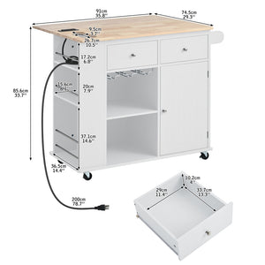 English Elm Kitchen Island Cart with Drop Leaf Power Outlet Rubberwood Top Wine Rack Rolling White WF305556AAW