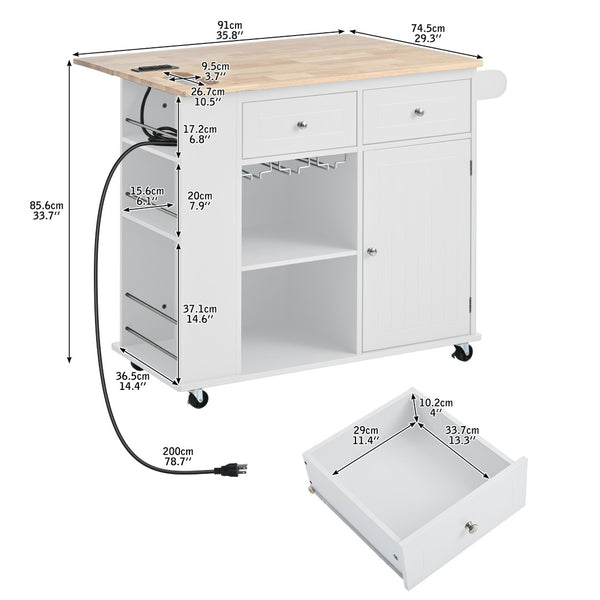 English Elm Kitchen Island Cart with Drop Leaf Power Outlet Rubberwood Top Wine Rack Rolling White WF305556AAW