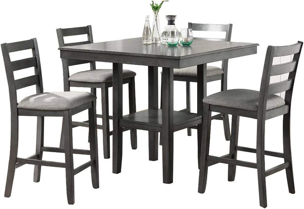 English Elm Classic Counter Height Dining Set Gray Finish 5pc Square Table with Storage Shelves & Ladder-Back Chairs B011119806