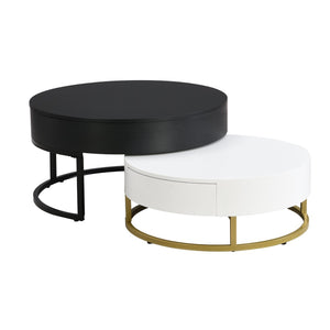 English Elm Modern Round Nesting Coffee Table Set with Lift Top Hydraulic Storage and Gold Pedestal CH307475AAB