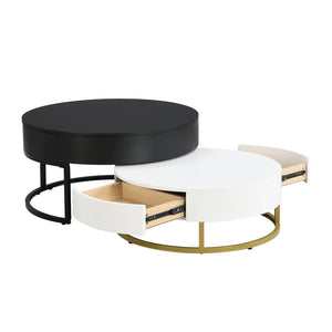 English Elm Modern Round Nesting Coffee Table Set with Lift Top Hydraulic Storage and Gold Pedestal CH307475AAB
