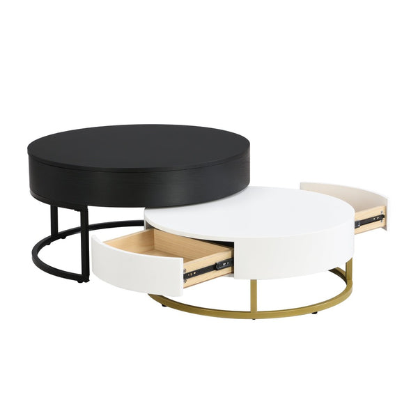 English Elm Modern Round Nesting Coffee Table Set with Lift Top Hydraulic Storage and Gold Pedestal CH307475AAB
