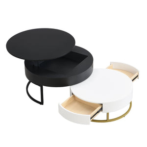 English Elm Modern Round Nesting Coffee Table Set with Lift Top Hydraulic Storage and Gold Pedestal CH307475AAB