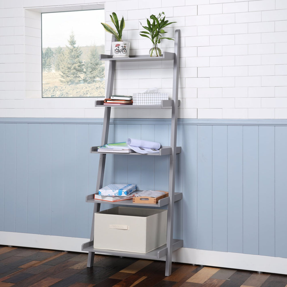 English Elm 5 Ladder Shelf Cantilevered Bookcase with Solid Wood Legs, Five Versatile Display Shelves for Home Decor Collections Grey W914111528