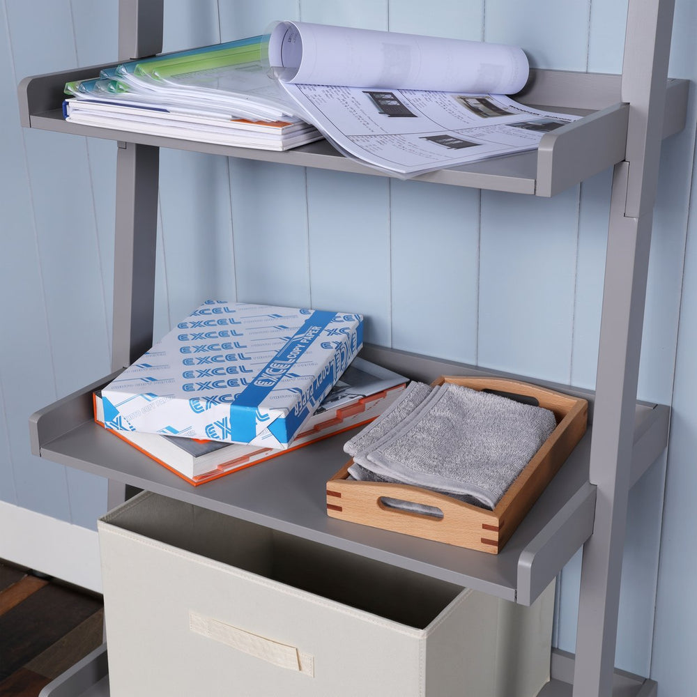 English Elm 5 Ladder Shelf Cantilevered Bookcase with Solid Wood Legs, Five Versatile Display Shelves for Home Decor Collections Grey W914111528