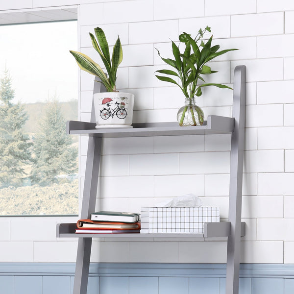 English Elm 5 Ladder Shelf Cantilevered Bookcase with Solid Wood Legs, Five Versatile Display Shelves for Home Decor Collections Grey W914111528