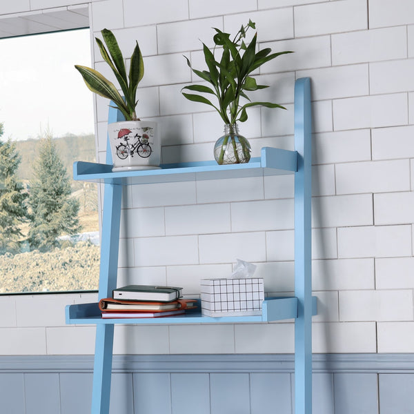 English Elm 5 Ladder Shelf Cantilevered Bookcase with Solid Wood Legs, Five Versatile Display Shelves for Home Decor Collections Blue W914111529