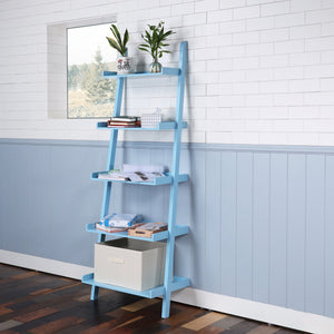 English Elm 5 Ladder Shelf Cantilevered Bookcase with Solid Wood Legs, Five Versatile Display Shelves for Home Decor Collections Blue W914111529