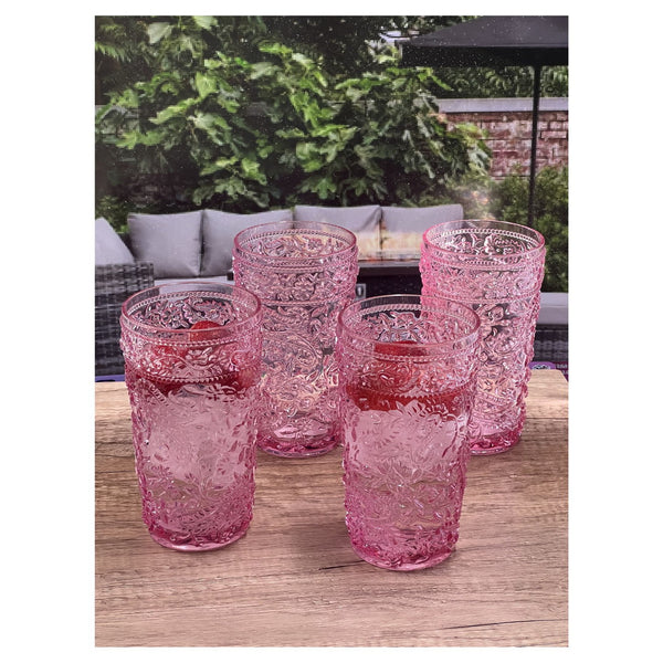 English Elm Paisley 17oz Acrylic Hi Ball Glasses Set of 4 - Shatterproof, BPA-Free Pink Drinkware, Dishwasher Safe B095120386