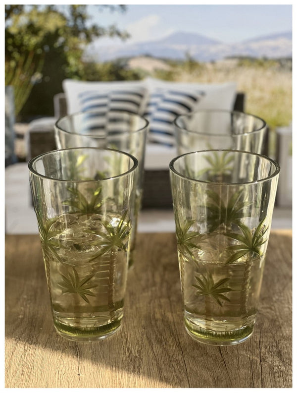 English Elm Palm Tree Design Acrylic Hi-Ball Glasses Set Of 4 - Bpa-Free 20Oz Drinkware For Poolside Fun! B095120326-GIGA