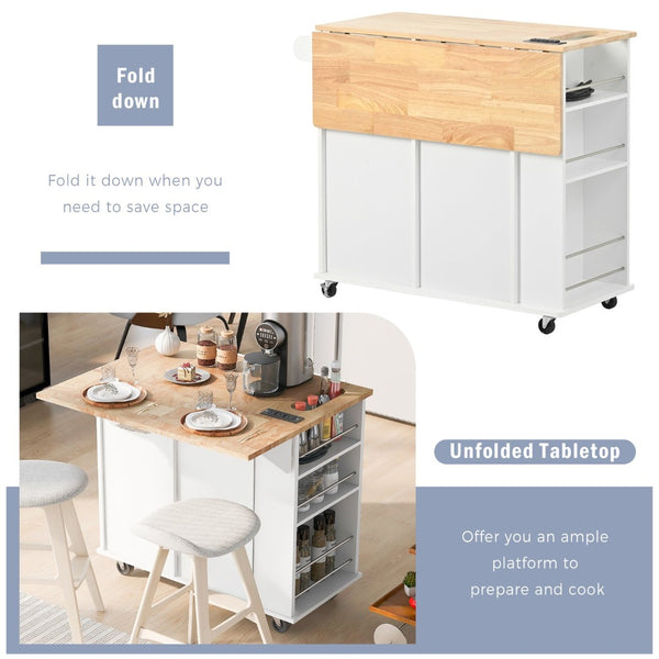 English Elm Kitchen Island Cart with Drop Leaf Power Outlet Rubberwood Top Wine Rack Rolling White WF305556AAW