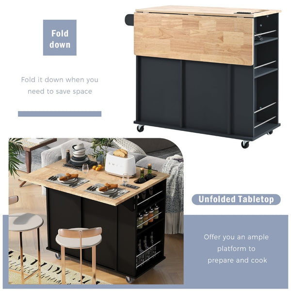 English Elm Kitchen Island Cart with Drop Leaf Power Outlet Rubberwood Top Wine Rack Rolling Black WF305556AAB