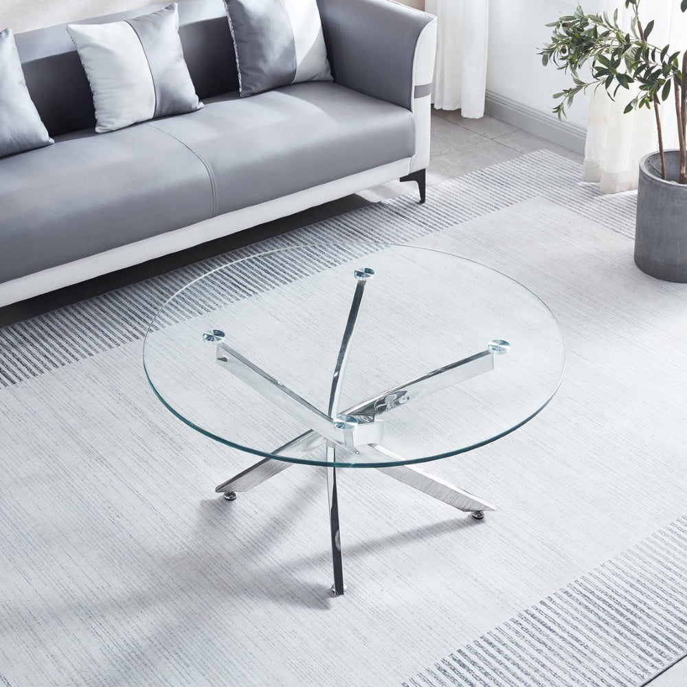 English Elm Modern Sculptural Round Glass Top Coffee Table with Angular Chrome Base for Living Rooms W1311119910