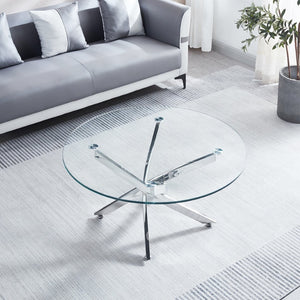 English Elm Modern Sculptural Round Glass Top Coffee Table with Angular Chrome Base for Living Rooms W1311119910