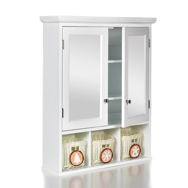 English Elm Bathroom Wall Cabinet with Mirrors, Extra Large Medicine Storage, 2 Doors 2 Shelves + 3 Festive Baskets W1801109067