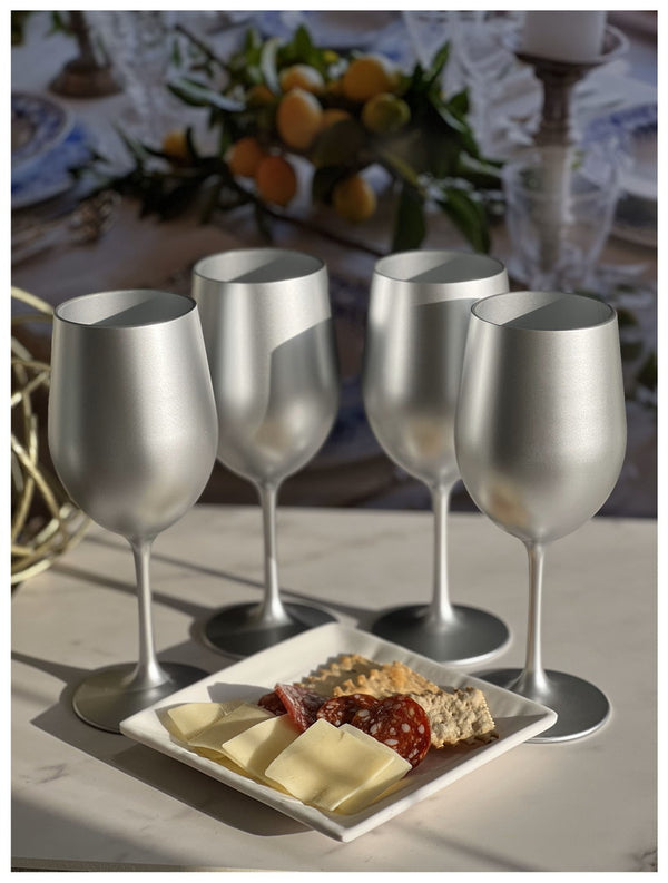 English Elm Metallic Silver Wine Glasses Set Of 4, Shatterproof 12Oz Acrylic For Outdoor Entertaining & More B095120320