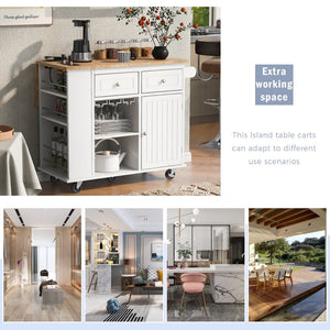 English Elm Kitchen Island Cart with Drop Leaf Power Outlet Rubberwood Top Wine Rack Rolling White WF305556AAW