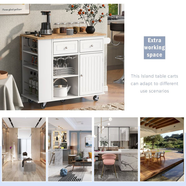 English Elm Kitchen Island Cart with Drop Leaf Power Outlet Rubberwood Top Wine Rack Rolling White WF305556AAW