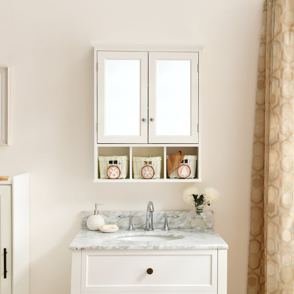 English Elm Bathroom Wall Cabinet with Mirrors, Extra Large Medicine Storage, 2 Doors 2 Shelves + 3 Festive Baskets W1801109067