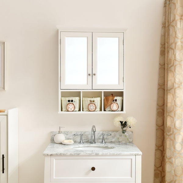 English Elm Bathroom Wall Cabinet with Mirrors, Extra Large Medicine Storage, 2 Doors 2 Shelves + 3 Festive Baskets W1801109067