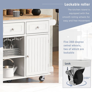 English Elm Kitchen Island Cart with Drop Leaf Power Outlet Rubberwood Top Wine Rack Rolling White WF305556AAW