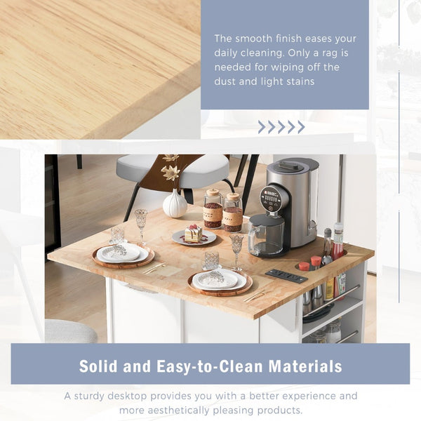 English Elm Kitchen Island Cart with Drop Leaf Power Outlet Rubberwood Top Wine Rack Rolling White WF305556AAW