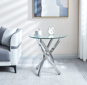 English Elm Modern Round Tempered Glass Side Table with Sculptural Chrome Legs for Living Rooms W1311119905