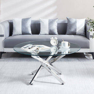 English Elm Modern Sculptural Round Glass Top Coffee Table with Angular Chrome Base for Living Rooms W1311119910
