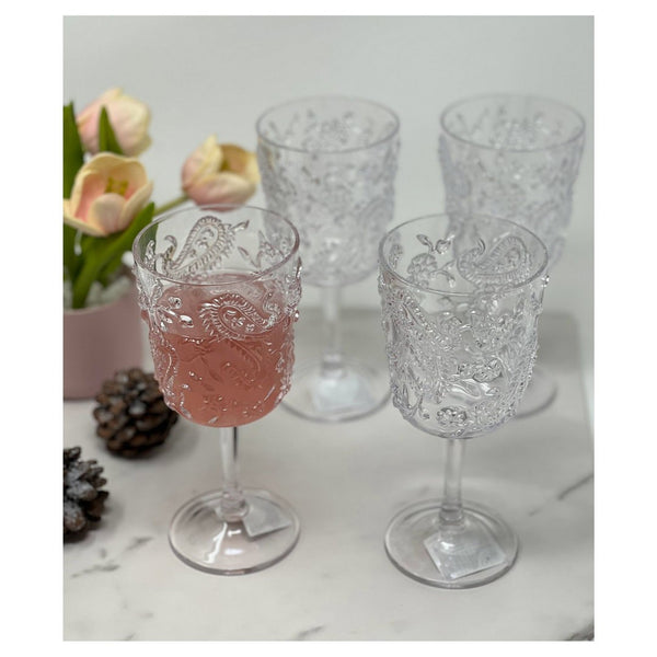 English Elm Paisley Unbreakable Acrylic Wine Glass Set Of 4 - 13Oz, Bpa-Free, Elegant For Indoor & Outdoor Use B095120387-GIGA