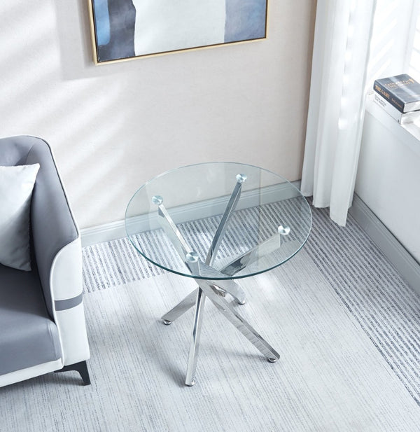 English Elm Modern Round Tempered Glass Side Table with Sculptural Chrome Legs for Living Rooms W1311119905