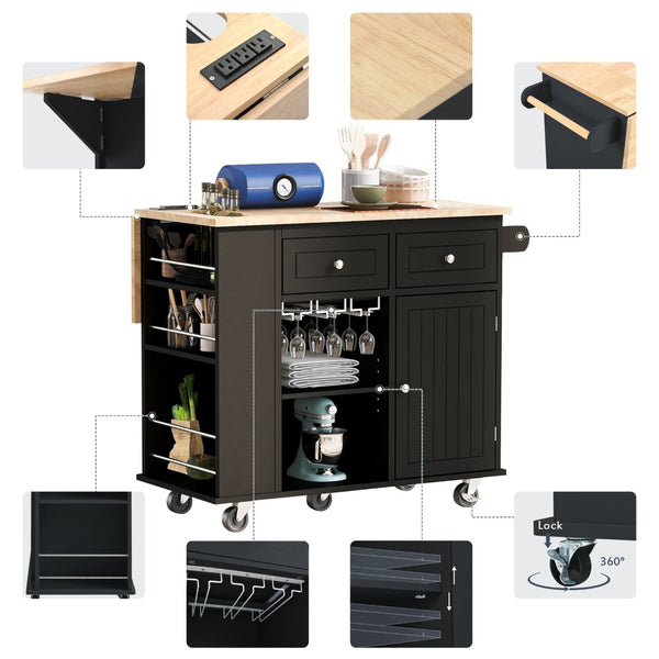 English Elm Kitchen Island Cart with Drop Leaf Power Outlet Rubberwood Top Wine Rack Rolling Black WF305556AAB