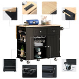 English Elm Kitchen Island With Power Outlet,Kitchen Storage Island With Drop Leaf and Rubber Wood,Open Storage and Wine Rack,5 Wheels,With Adjustable Storage For Home, Kitchen, and Dining Room, Black