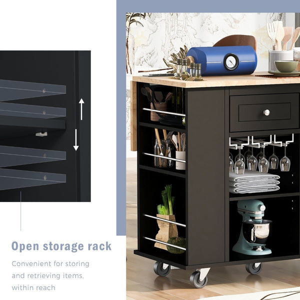 English Elm Kitchen Island Cart with Drop Leaf Power Outlet Rubberwood Top Wine Rack Rolling Black WF305556AAB